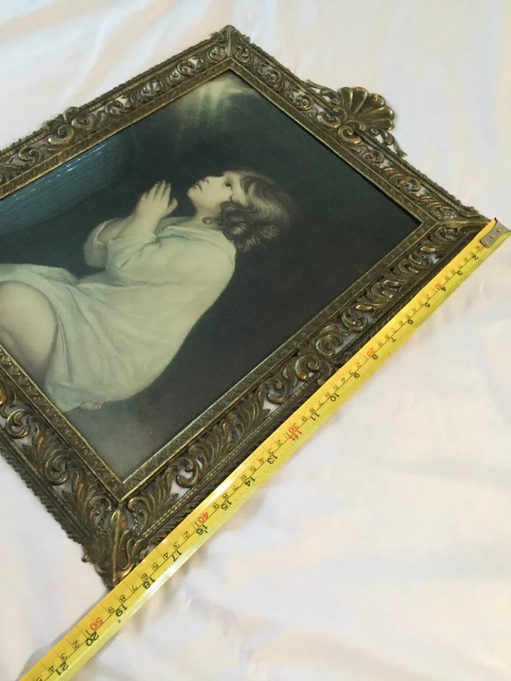 Vtg Italy Filigree Brass Bubble Glass Frame THE INFANT SAMUEL Praying 15x21